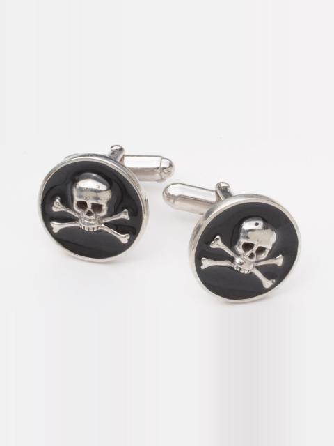 J. PRESS SKULL & CROSSBONES ONYX & SILVER FINISH CUFFLINKS