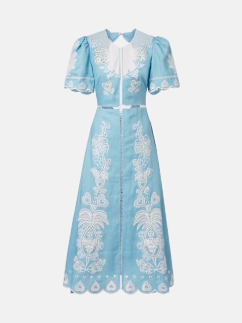 Embroidered open-back linen midi dress