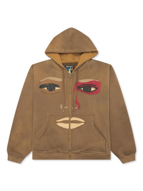 KidSuper PATCHWORK FACE HEAVYWEIGHT ZIP UP HOODIE - DARK BROWN