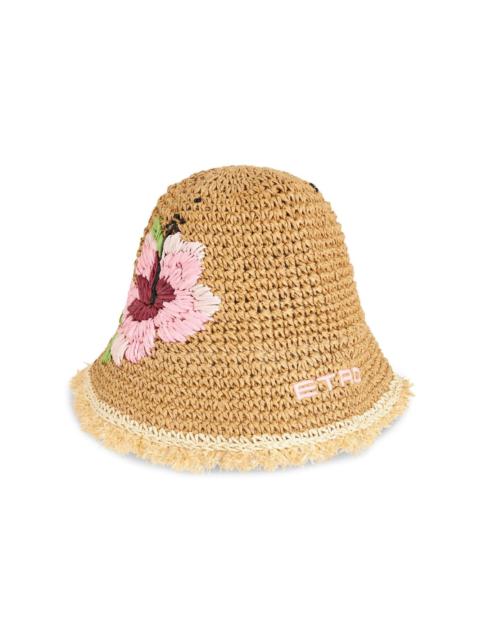 floral-embroidered raffia bucket hat
