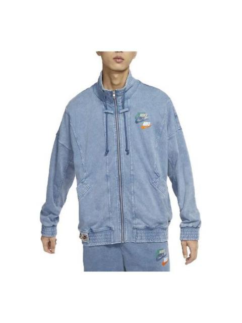 Men's Nike Sportswear Solid Color Logo Casual Denim Long Sleeves Stand Collar Autumn Blue Jacket DV3