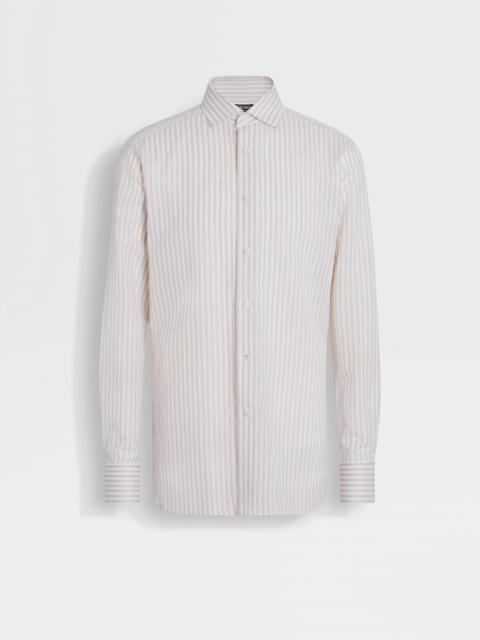 ZEGNA WHITE AND LIGHT TAUPE MACRO-STRIPED CENTOVENTIMILA COTTON AND LINEN SHIRT