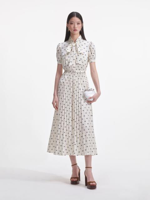 Cream Satin Bow Print Midi Dress
