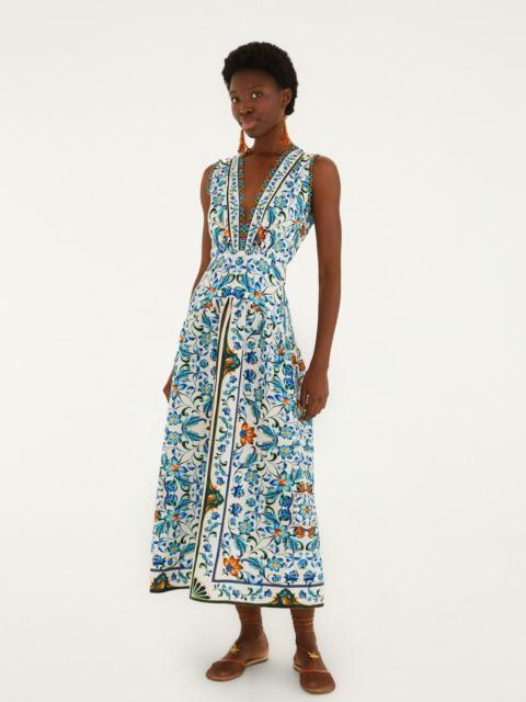 FARM RIO Off-White Flora Tile Scallop Euroflax Premium Linen Maxi Dress
