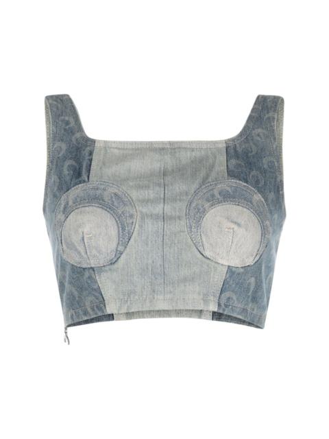 Regenerated denim bustier top