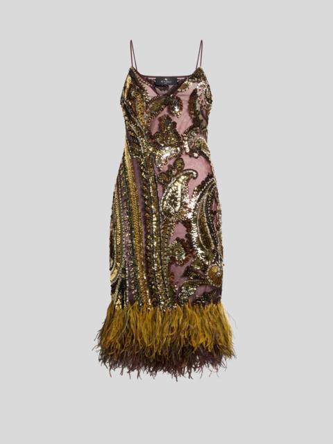 Etro KNEE-LENGTH DRESS WITH SEQUINS AND OSTRICH FEATHERS