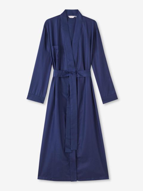 Derek Rose Women's Long Dressing Gown Lombard 6 Cotton Jacquard Navy