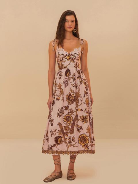 FARM RIO Pink Tropical Landing Lace Midi Dress