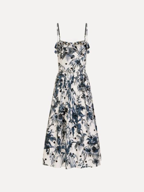 Oscar de la Renta DOTTED PALM LEAVES COTTON POPLIN SLEEVELESS DRESS