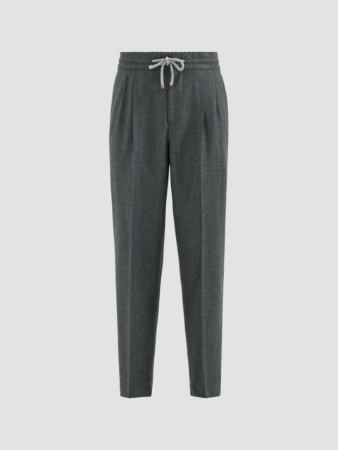 Brunello Cucinelli Men's Virgin Wool Flannel Trousers with Drawstring and Double Pleats - Dark Grey