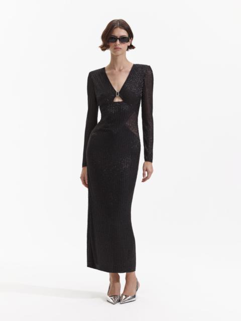 self-portrait Black Beaded Mesh Midi Dress