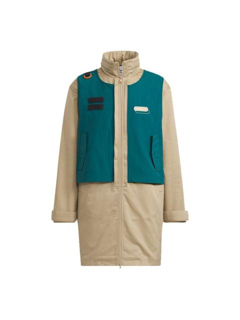 Men's adidas originals Mr Parka Detachable Contrasting Colors Vest Mid-Length Hooded logo Jacket Kha