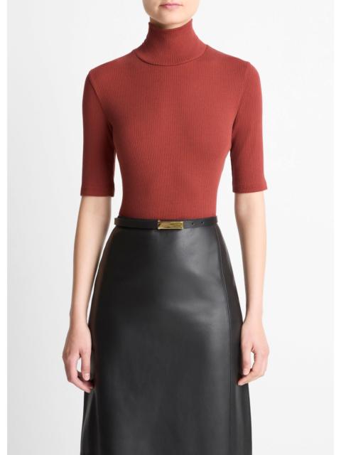 Vince Ribbed Cotton Elbow-Sleeve Turtleneck Top