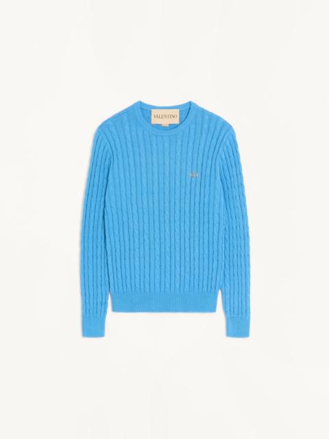 Valentino VALENTINO CABLE-KNIT COTTON CREW NECK SWEATER WITH VLOGO ON THE CHEST