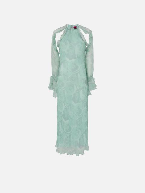 PINKO SILK MIDI DRESS WITH ROSE PRINT AND OPEN SHOULDERS