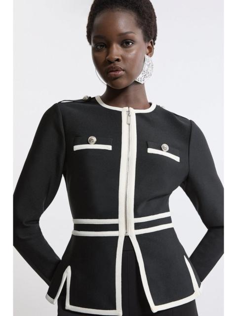 KAREN MILLEN Figure Form Bandage Military Contrast Piping Knit Split Hem Jacket