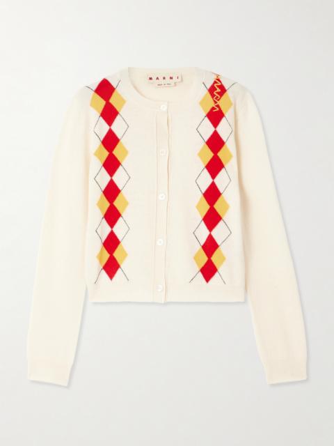 Marni Cropped Embroidered Argyle Wool Cardigan