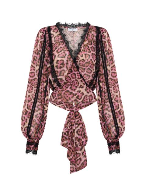 ONE TEASPOON Songbird Sheer Balloon Sleeve Tie-Up Blouse - Pink Leopard