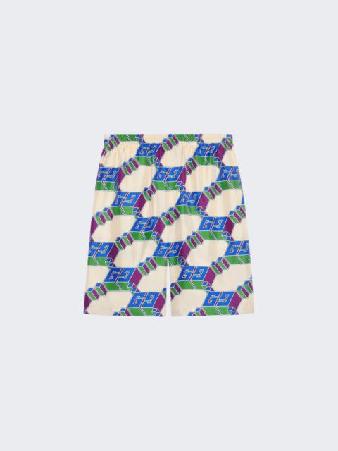 GUCCI 3d Gg Print Silk Shorts Ivory And Blue