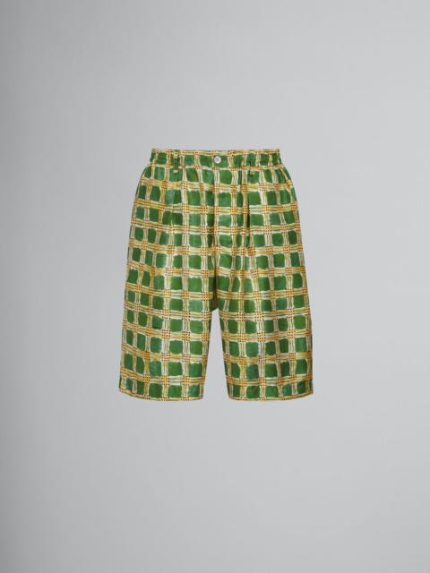 Marni GREEN SILK TWILL SHORTS WITH CHECK FIELDS PRINT