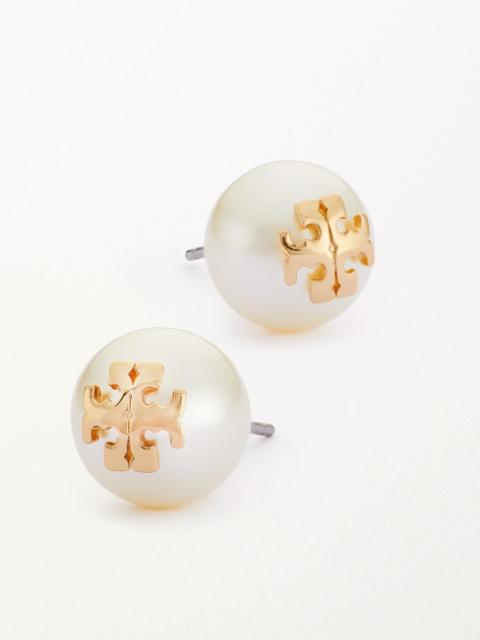 TORY BURCH Women's Crystal-Pearl Yellow Goldtone Logo Stud Earrings - Ivory