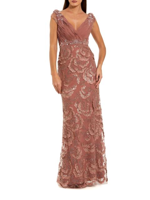 MAC DUGGAL Women's Floral-Beaded Chiffon V-Neck Gown - Rose