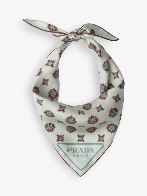 Floral-print branded silk scarf