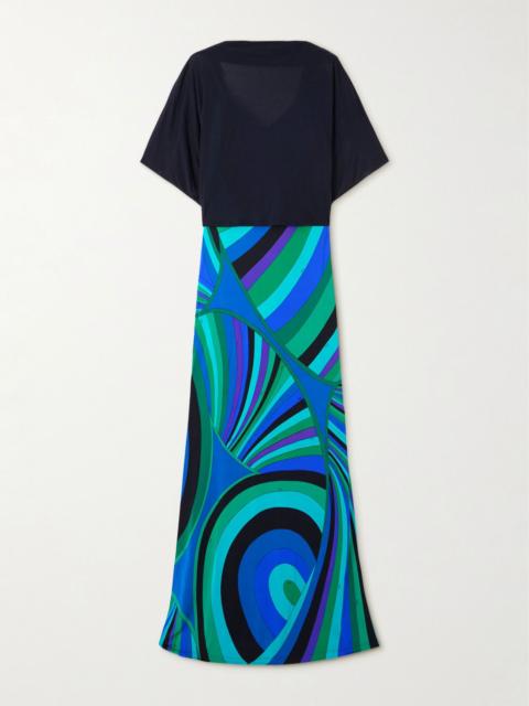 PUCCI Layered cotton and silk-blend and printed jersey maxi dress Blue
