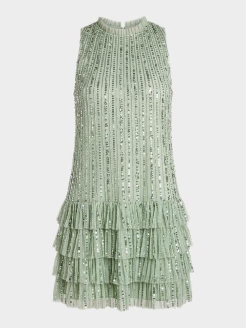 MAC DUGGAL Ruffle-Trim Bead and Sequin Mini Shift Dress