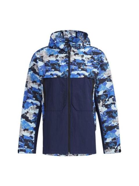 adidas Terrex Festiv Aop Wb Outdoor Sports Camouflage Splicing Hooded Jacket Blue GN7595