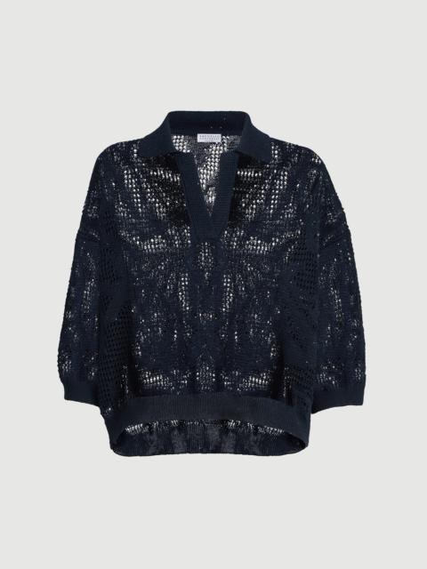 Brunello Cucinelli Dazzling water lillies knit polo shirt in linen and cotton