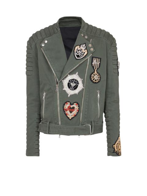 Balmain Denim biker jacket with embroidered patches