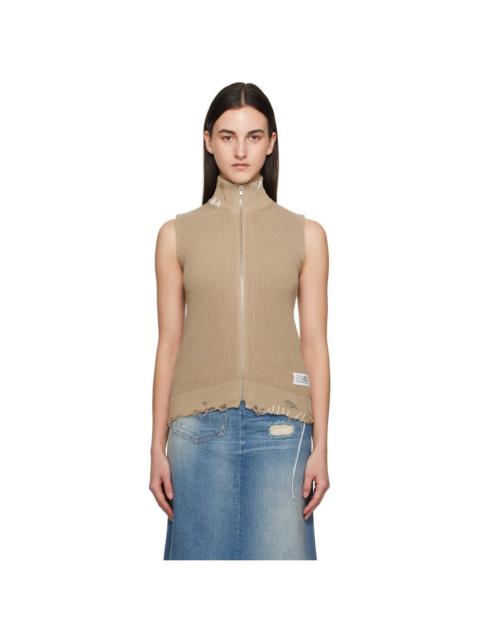 MM6 Maison Margiela Beige Eaten Knit Logo Zip Up Vest