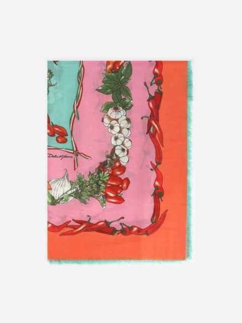 Large vegetable-print silk and cashmere scarf (140 x 140)