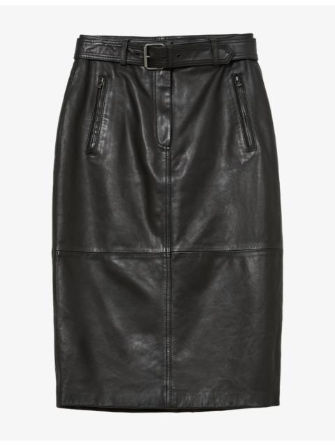 REISS Neriah Belted Leather Midi Skirt
