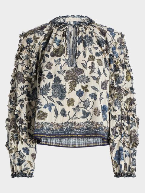 ULLA JOHNSON Azrou Floral Long-Sleeve Ruffle Blouse
