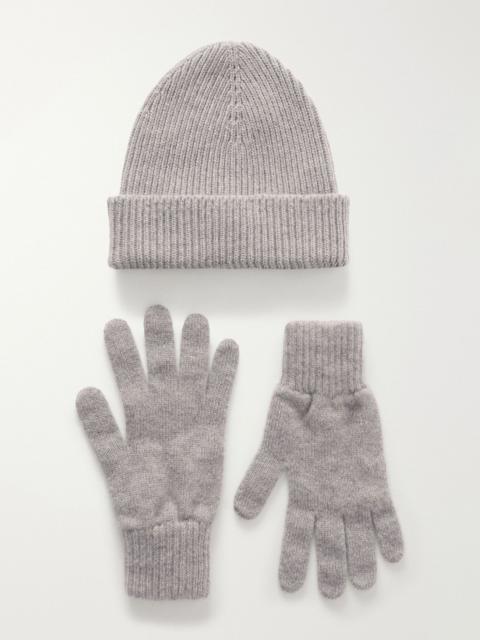Johnstons of Elgin Ribbed Gloves and Beanie Cashmere Set Beige