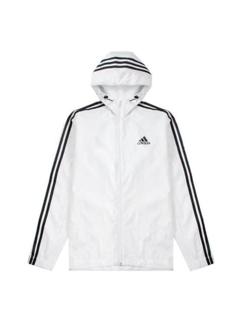 adidas Stripe Logo Micro Mark Printing Sports Training Hooded Jacket White HE4320