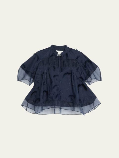 Short-Sleeve Embroidered Organza Flounce Top