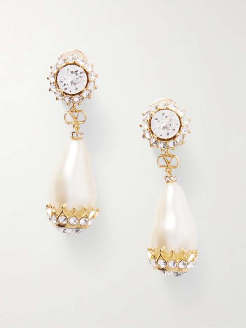 Valentino Gold-tone, faux pearl, crystal and resin clip earrings White