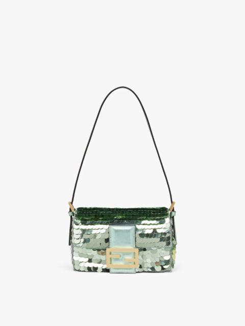 FENDI Small 1997 Baguette bag with all-over green metallic sequin embroidery, embellished with an FF clasp