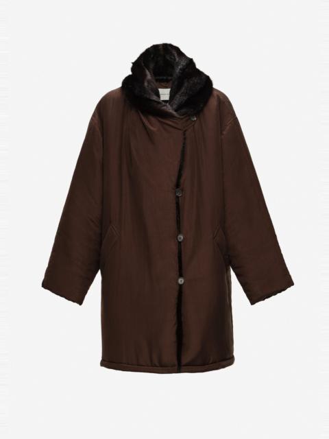 MAGDA BUTRYM Insulated silk coat with faux fur collar in brown