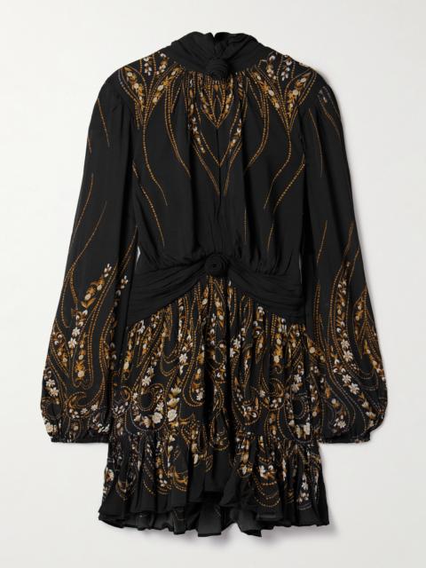 FARM RIO Tie-neck Floral-print Georgette Mini Dress