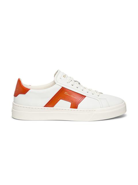 Santoni Men’s white and orange leather double buckle sneaker
