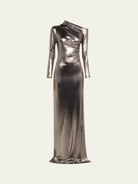 Ralph Lauren Metallic Long-Sleeve Ruched Gown
