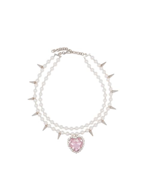 Alessandra Rich PEARL NECKLACE WITH SPIKES AND CRYSTAL HEART