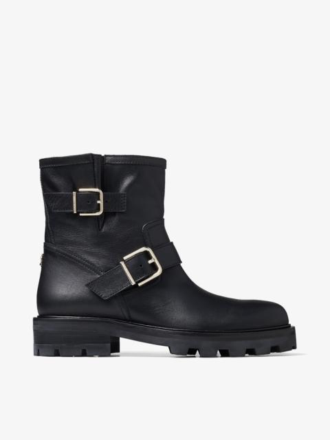 JIMMY CHOO Youth II
Black Smooth Leather Biker Boots with Gold Buckles