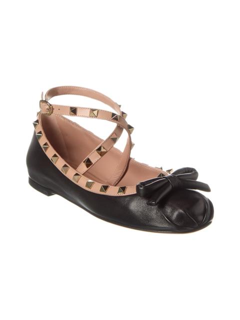 Valentino Rockstud Leather Ankle Strap Ballerina Flat
