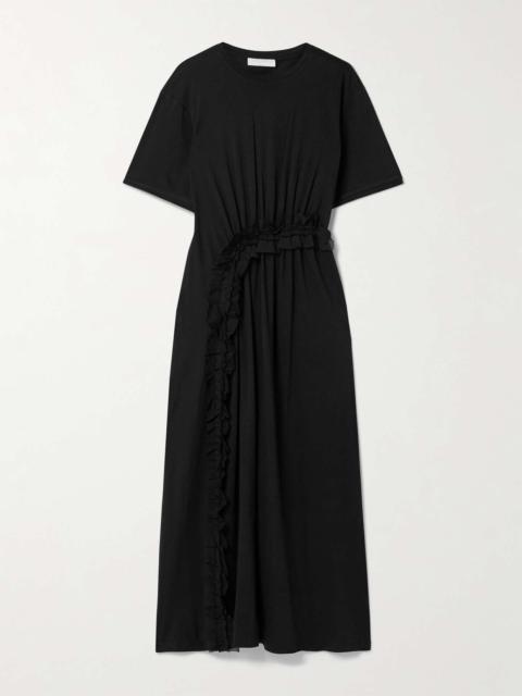 ULLA JOHNSON Lilia crepon-trimmed ruched organic cotton-jersey midi dress Black