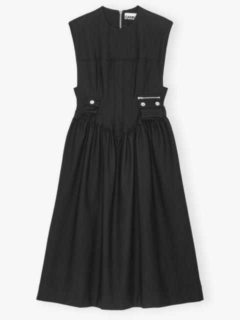 GANNI BLACK HEAVY COTTON CORSET MIDI DRESS